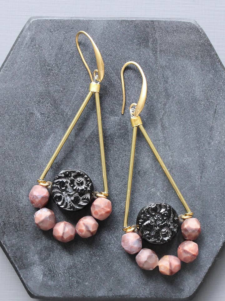 Pendientes geométricos de vidrio negro vintage JLTE56 para venta al por mayor de David Aubrey Jewelry