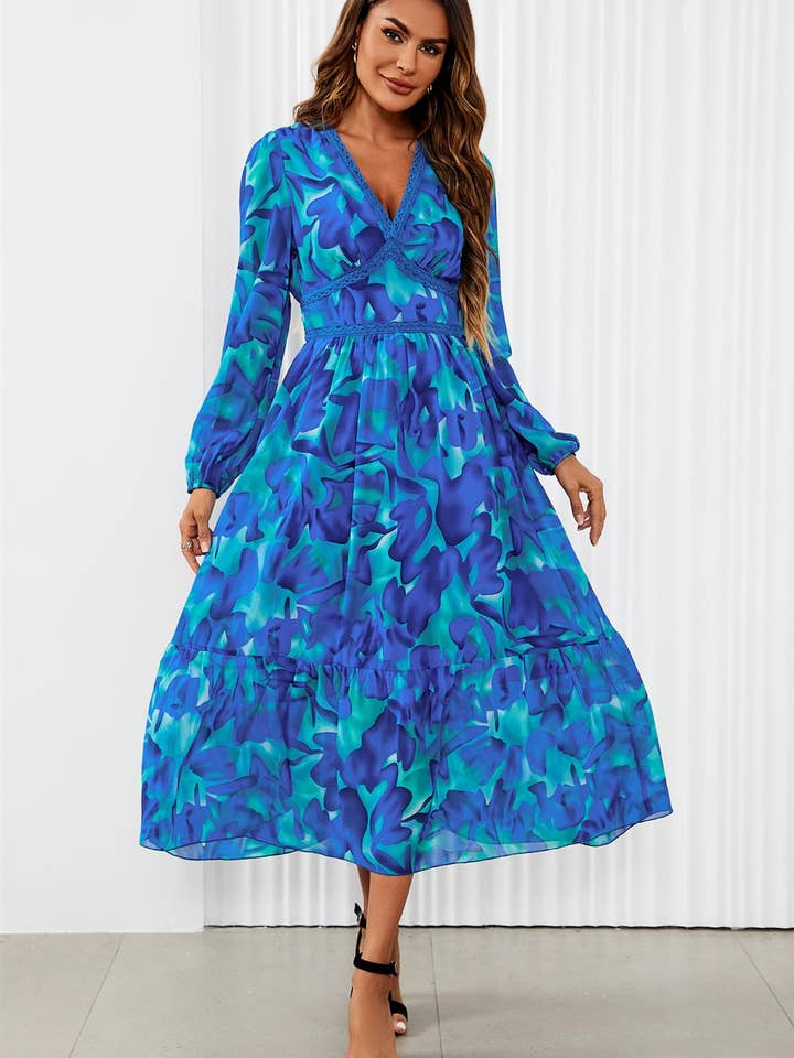 Floral Print Long Sleeve Maxi Dress In Blue for wholesale by FS Collection (Germany)