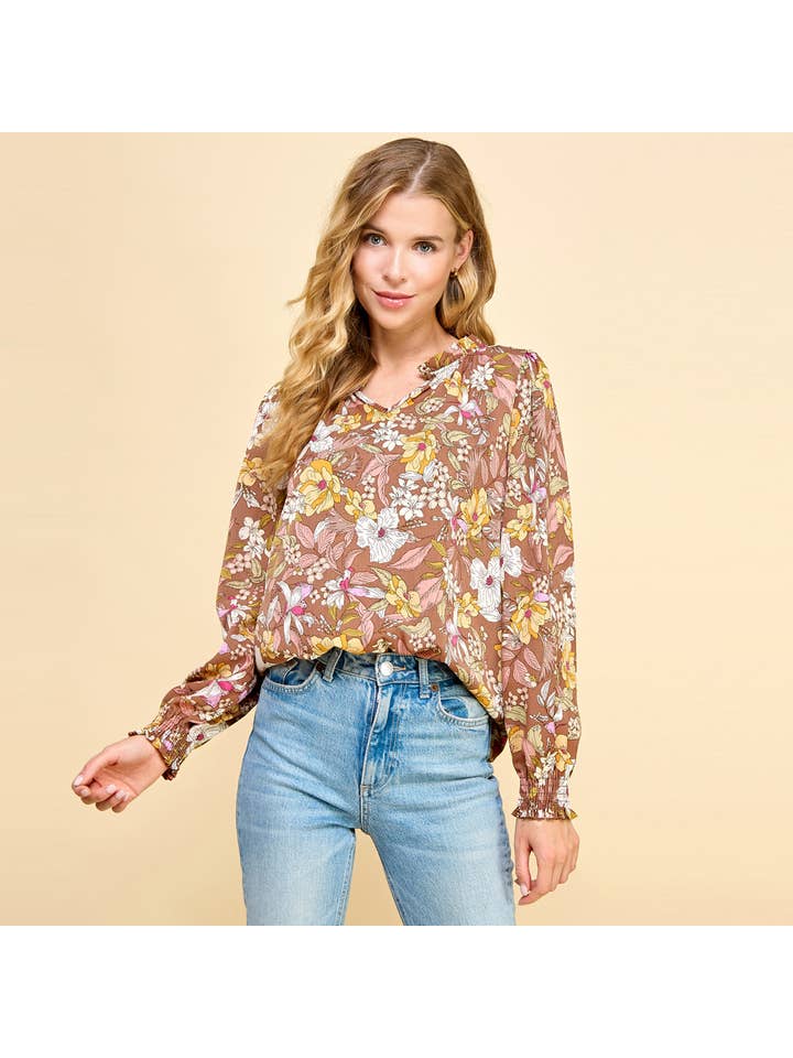 Mauve Floral Top V Neck with Smocked Sleeves for wholesale on Faire1