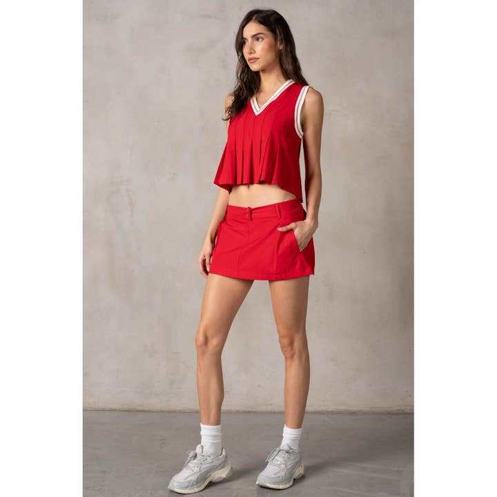 Rekbare Geweven Geplooide Tanktop met Minirok Set voor wholesale door lalamia