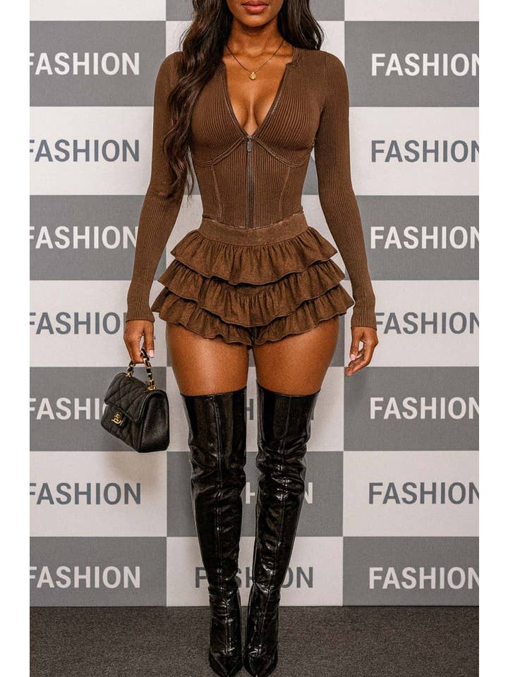 Dalia Studio - Wholesale Romper - Women's - MINERAL WASH ZIP UP TIERED BOTTOM ROMPER4