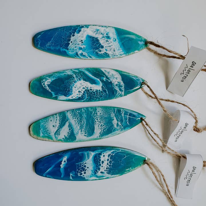 SeaLion Resin - Wholesale Ornament - Surfboard Ornament birch wood and ocean wave resin beach5
