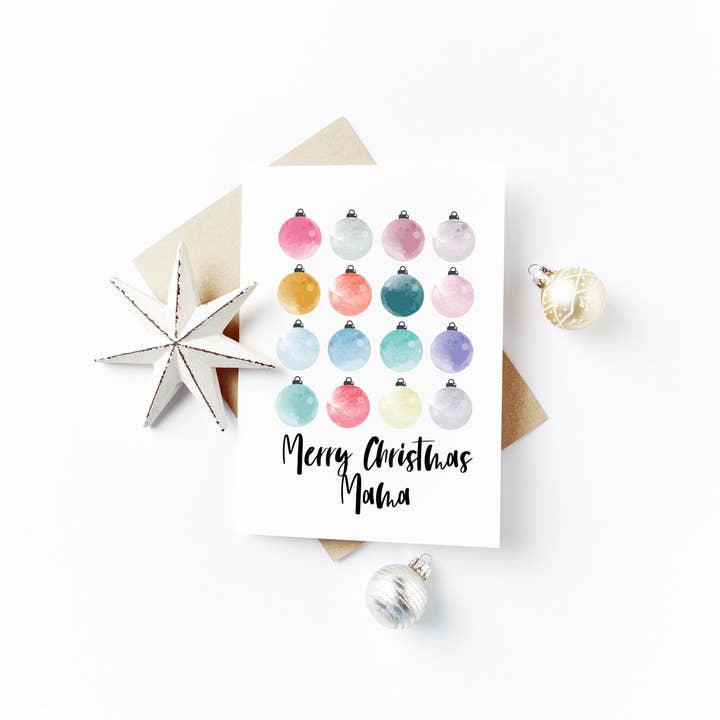 Merry Christmas Mama Card - Watercolour Bauble Design for wholesale by Flash On A String Designs