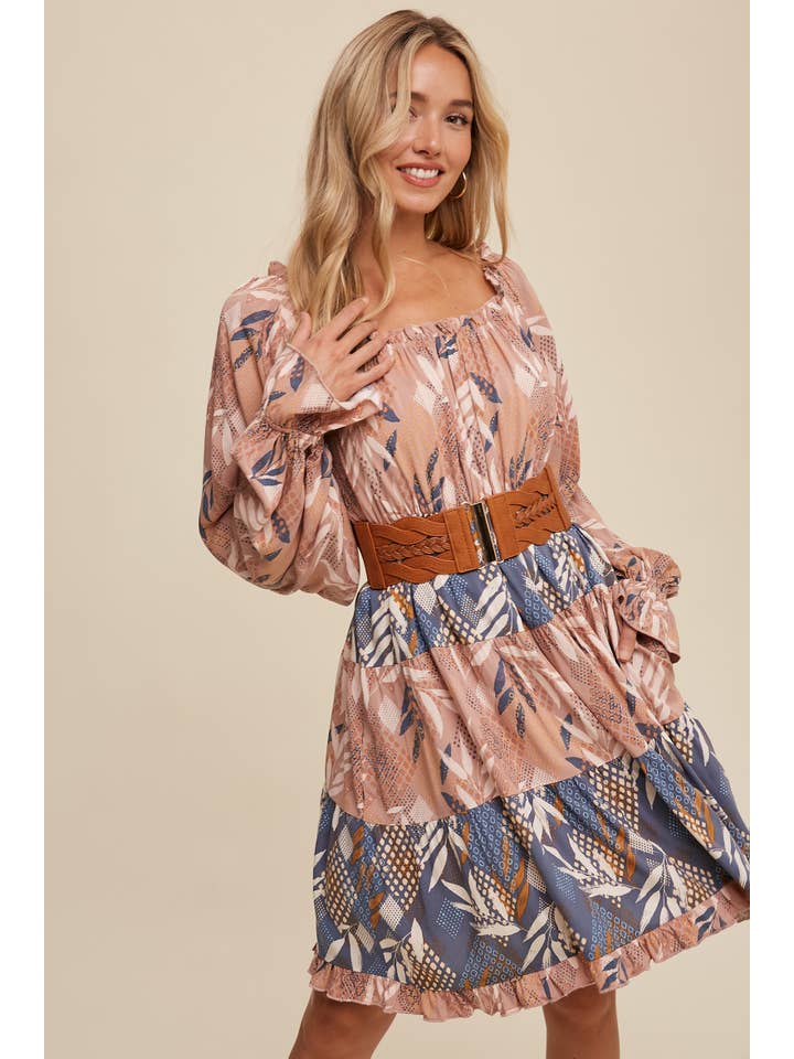 Listicle - Wholesale Dress - Women's - Patchwork Puff-Sleeve Tiered Mini Dress