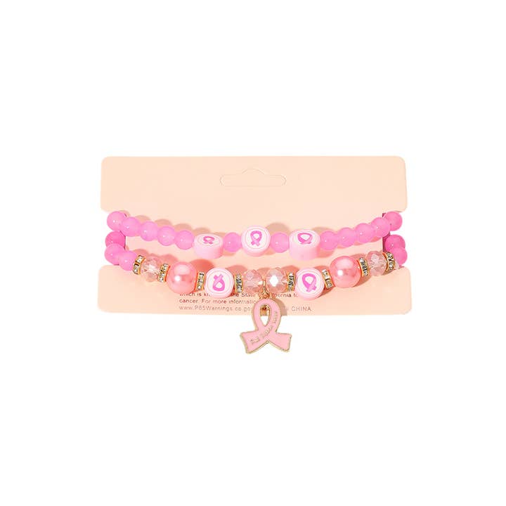 Sensibling Corp. - Wholesale Beaded Bracelet - 12 SET OF 2-Enamel Pink Ribbon Charm Bead Stretch Bracelets