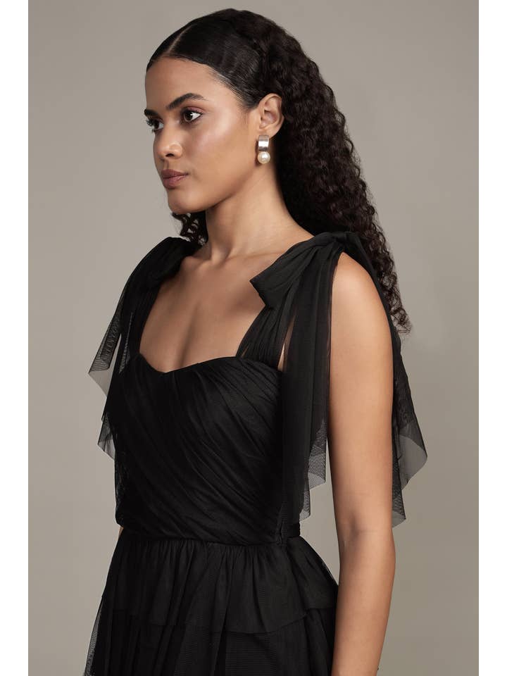 Ophelia Tulle Maxi Dress with Tie Detail in Black for wholesale on Faire8