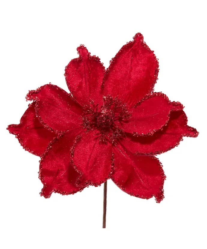 Kurt S. Adler, Inc. - Wholesale Artificial Flowers - 8.5" Red Magnolia Pick W/Glitter