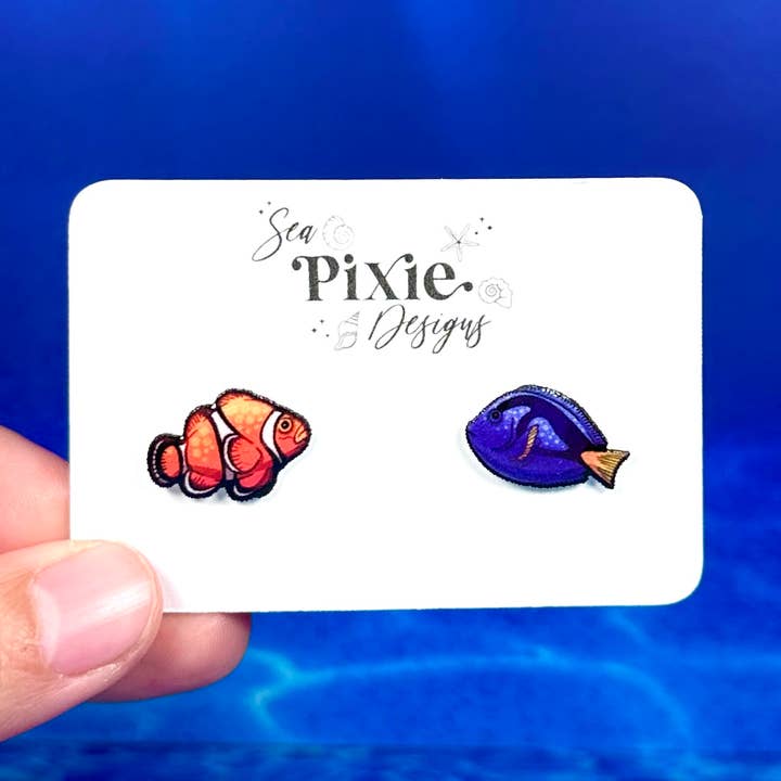 Clownfish & Blue Tang Stud Earrings, Coastal & Lightweight for wholesale by Sea Pixie Designs