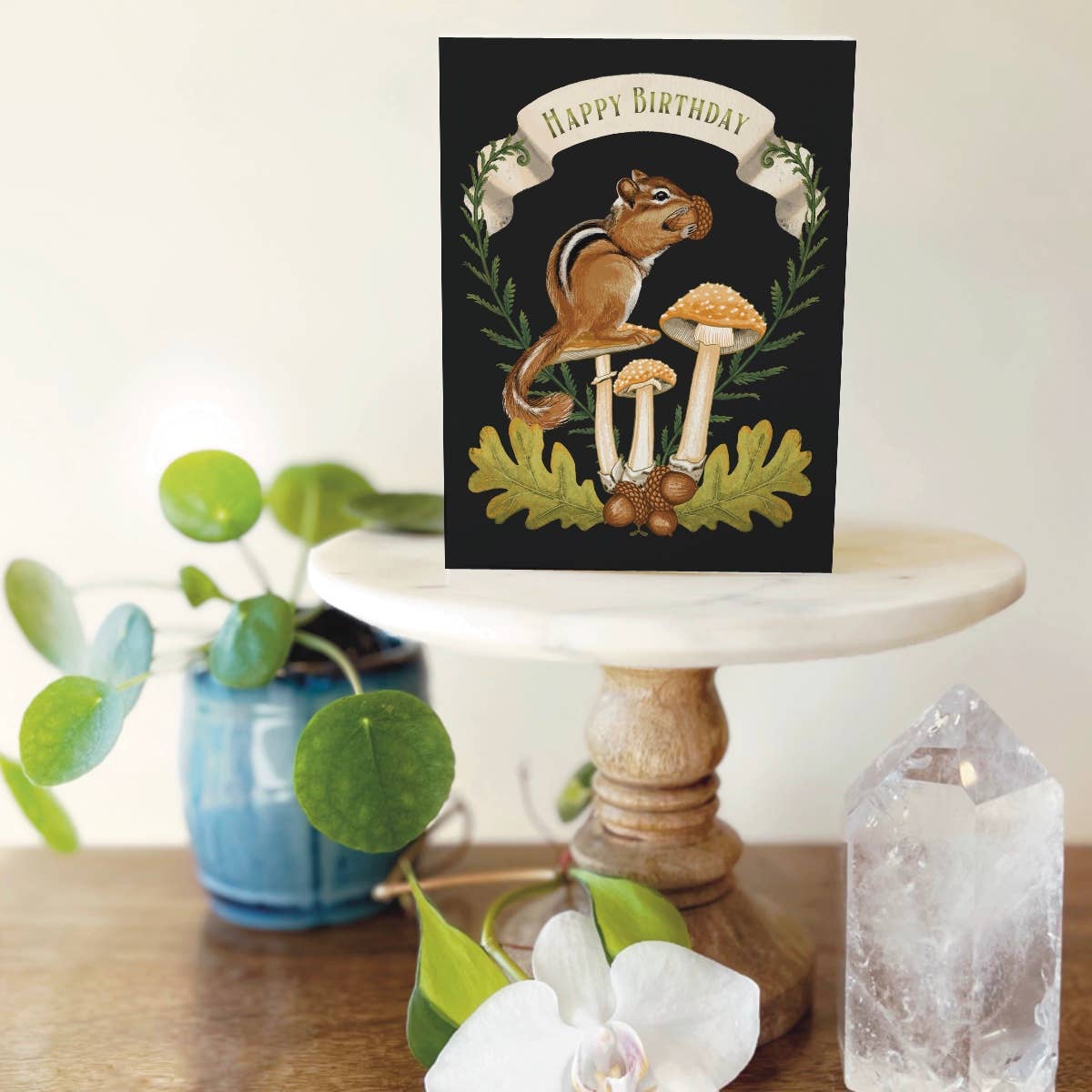 Folk Meadow - Wholesale Birthday Card - Chipmunk & Mushrooms Woodland Birthday Card2