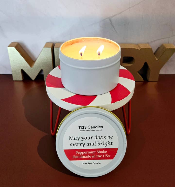 Christmas 2025: 8oz Peppermint Candle - Merry & Bright for wholesale by 1133 Candles