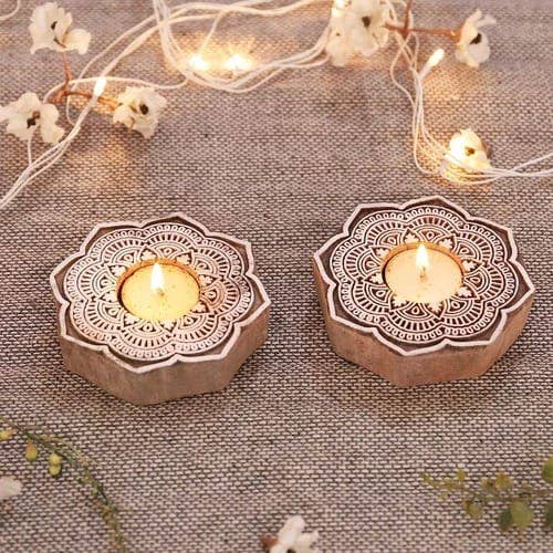 Magnifique Hearts - Wholesale Candle Holder - Handcrafted Wooden Tealight Holder, Mandala Flower Design 41