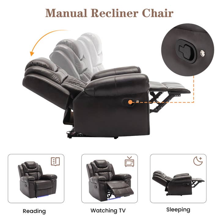Orange County Decor - Wholesale Chair - Home Theater Seating Manual Recliner Chair With Led Light Strip For Living Room,Bedroom, Brown Brown Foam Faux Leather
