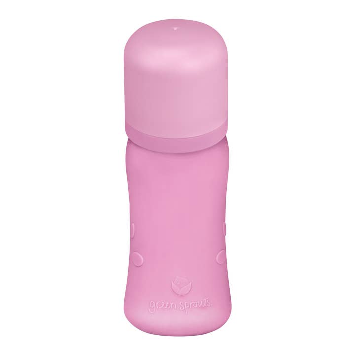 For Baby and Up - Green Sprouts - Wholesale Baby bottle - Baby Bottle made from Glass w Silicone Cover-8oz-Pink-0mo+1
