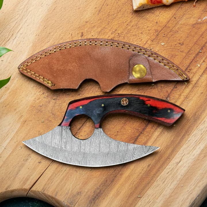 Handmade damascus Ulu knife with leather sheath for wholesale by FH KNIVES