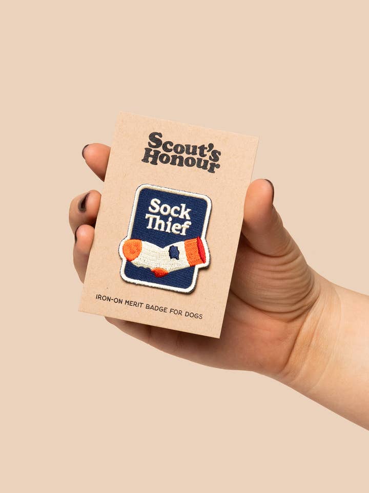 Sock Thief iron-on patch for dogs and cats for wholesale by Scout's Honour Pty Ltd
