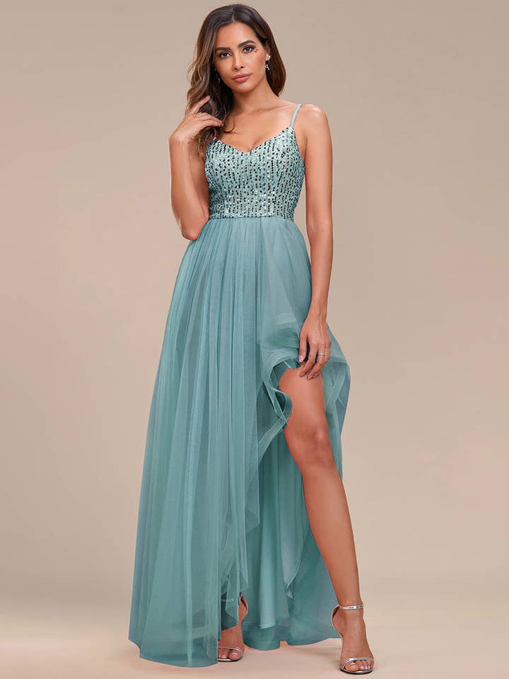 Spaghetti Straps Asymmetric Sequin Tulle Evening Dresses for wholesale by Ever-Pretty