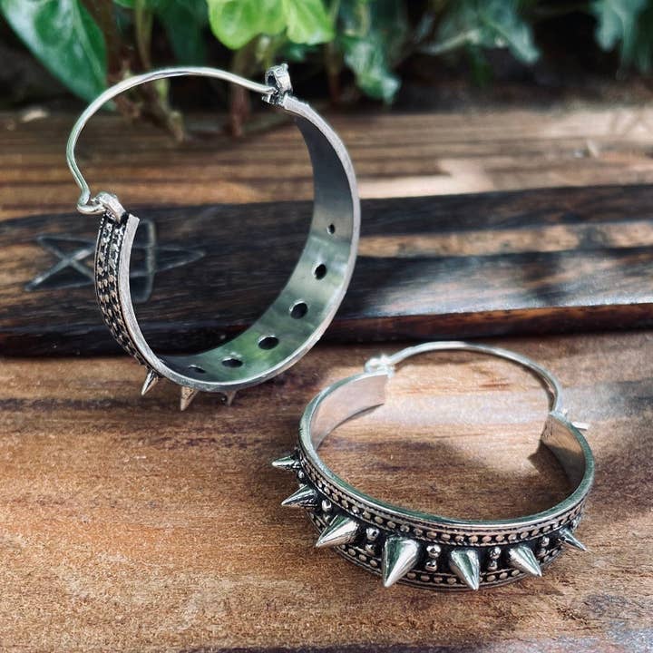 Silver Spike Hoop Earrings / Steampunk / Boho Jewellery / Punk / Goth Fashion / Tattoo / Ethnic / Rustic / Gypsy / Spiral / Hippie style for wholesale by Kaali Boutique