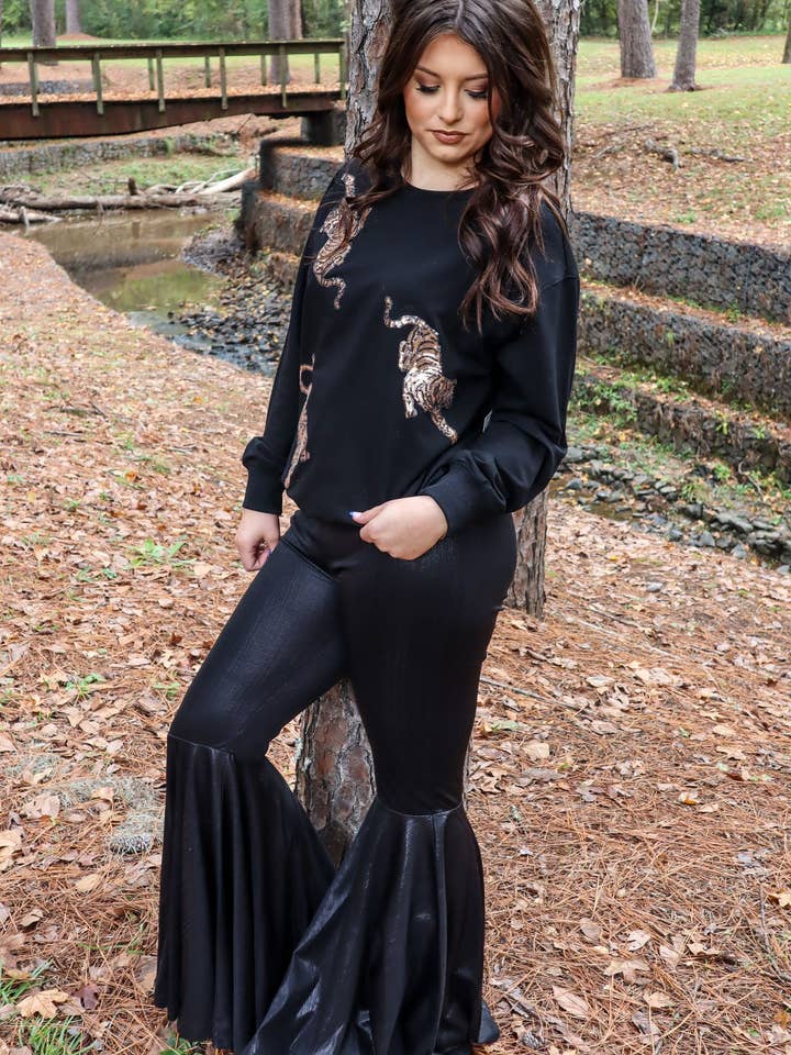 MK267 Obsidian Metallic Black Bell Bottom Pants for wholesale on Faire