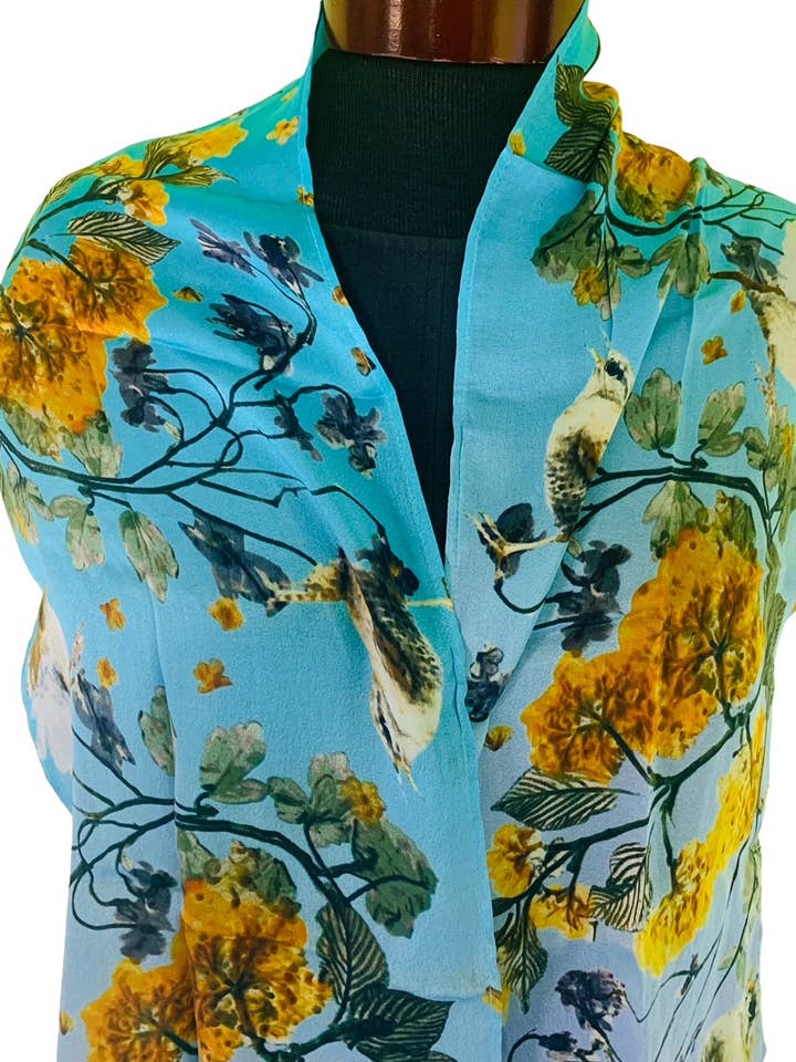 Flowers and Feathers - Viburnum Wrens Silk Scarf for wholesale by NINA J