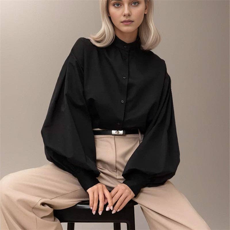 ShieldChic - Wholesale Button Down Shirt - Women's - Solid Color Lapel Single Breasted Lantern Sleeves Blouse0