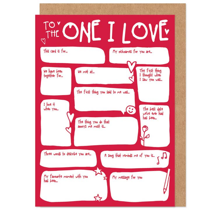 One I Love Fill In The Blanks Valentine's Card for wholesale by Bow & Bell