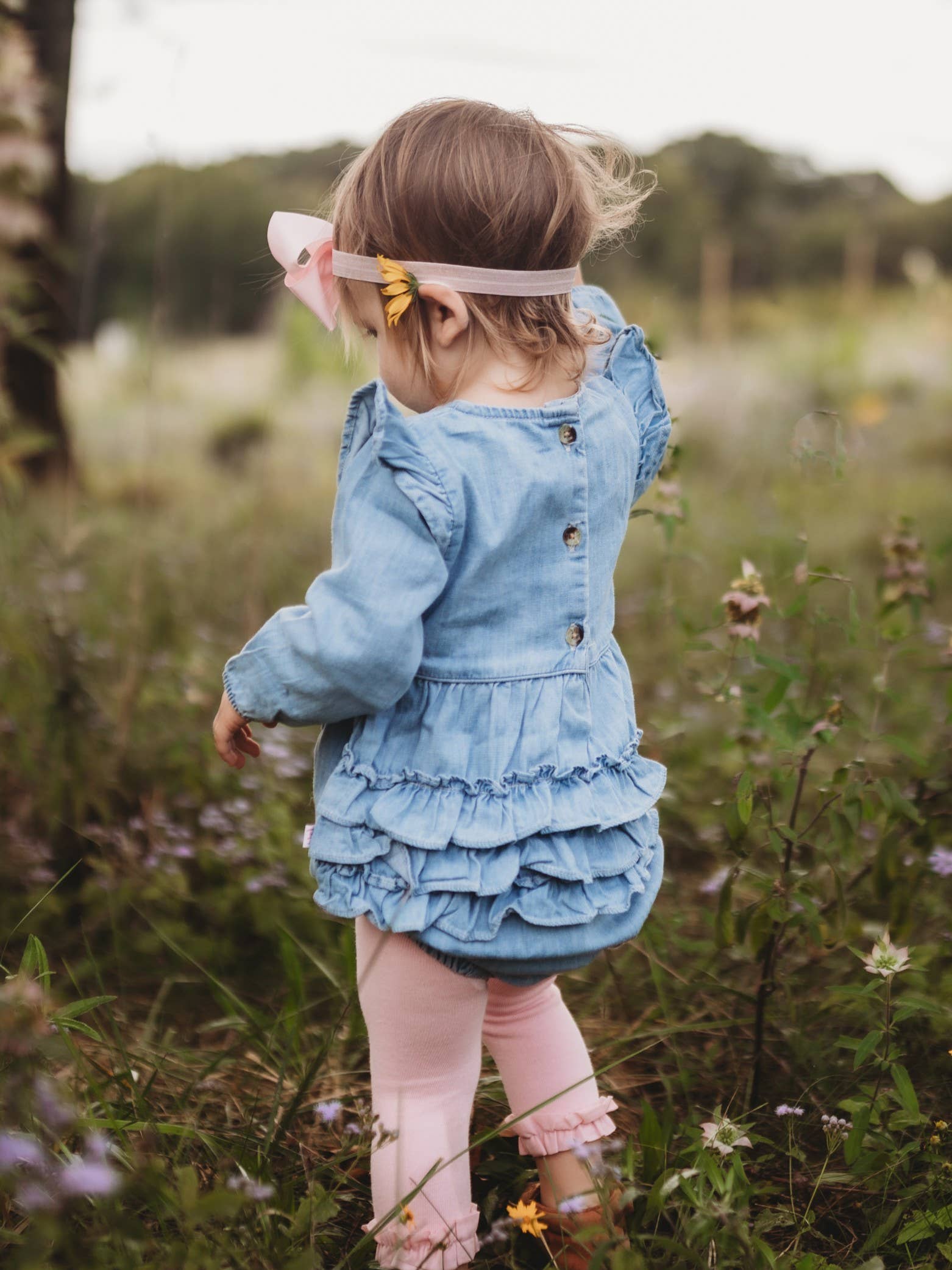 Blue Baby Girls Light Wash Denim Long Sleeve Flutter Bubble Romper for wholesale on Faire3