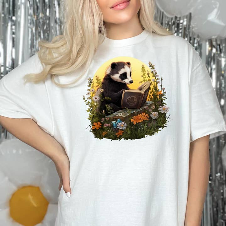Vivtrek - Wholesale Screen Printed T-Shirt - Women's - Badger Reading Book Cottagecore Wildflower Library T-Shirt9