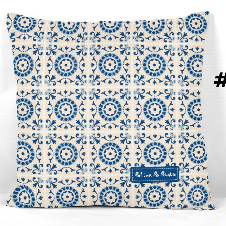 Blue accent decor for living room. Azulejos art pillow cover for wholesale by Polina Po Prints