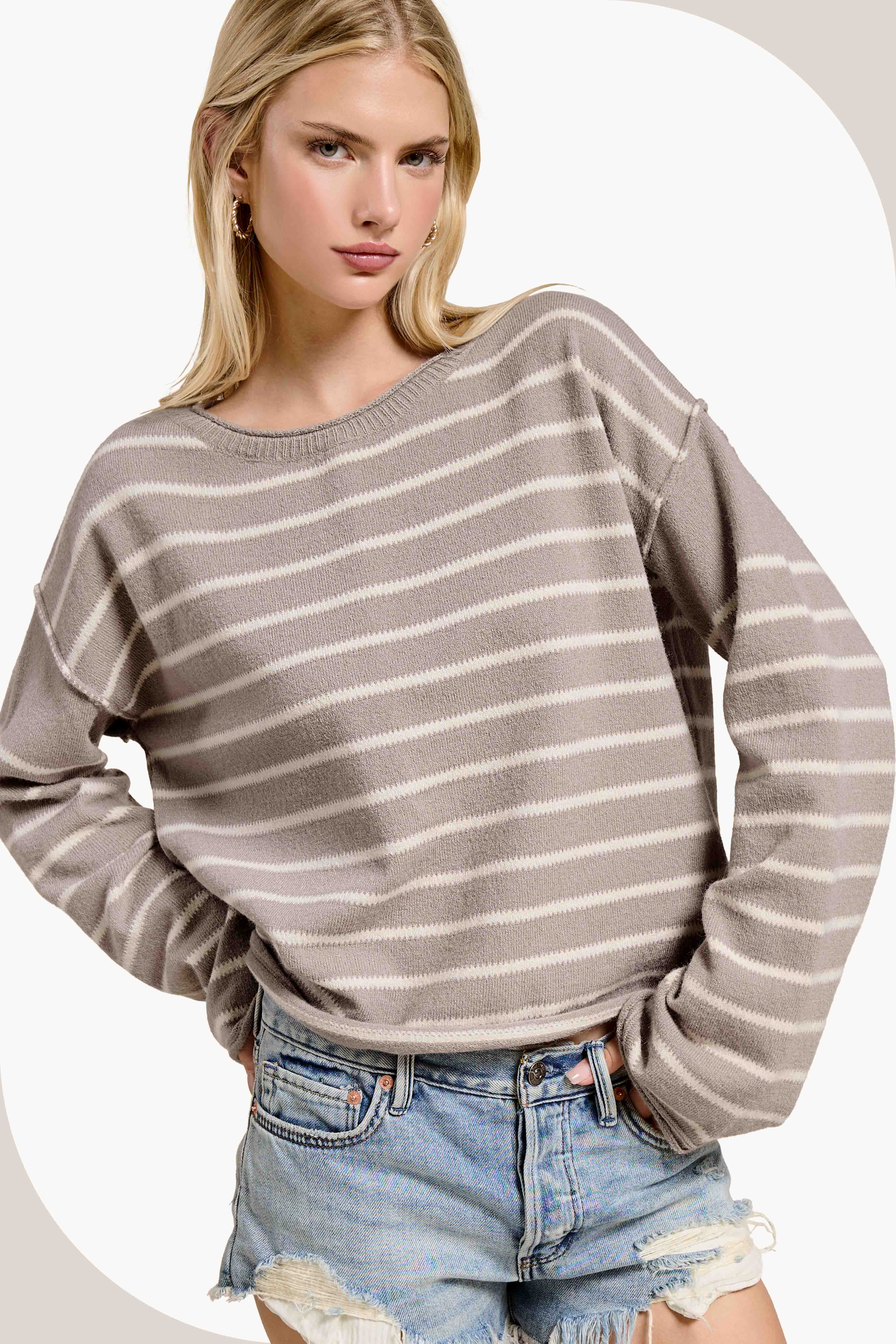 La Miel - Wholesale Knit Sweater - Women's - MCS3588-Striped Round Neck Loose Fit Long Sleeve Sweater5