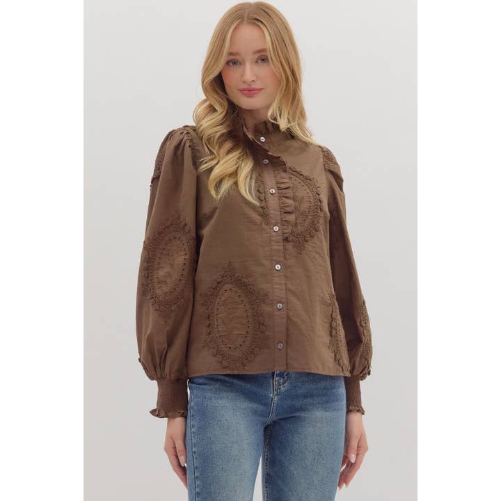 Top solido a maniche lunghe con bottoni davanti per la vendita all'ingrosso da parte di STYLE USA