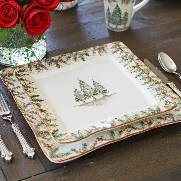 Arte Italica & Crown Linen Designs – Großhandel Essteller – Natale quadratischer Speiseteller mit Weihnachtsmotiv