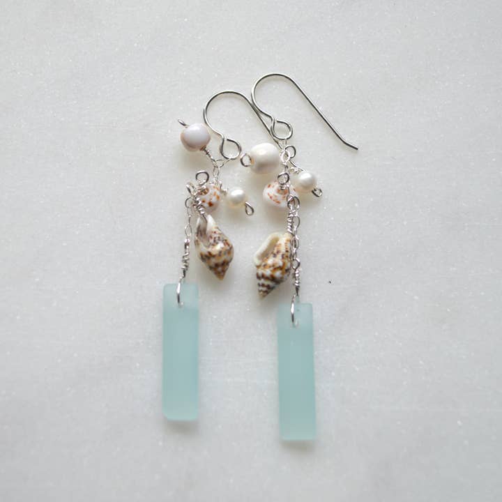Salty But Sweet - Wholesale Dangle Earrings - Dangling Frosted Glass & Shell Earrings