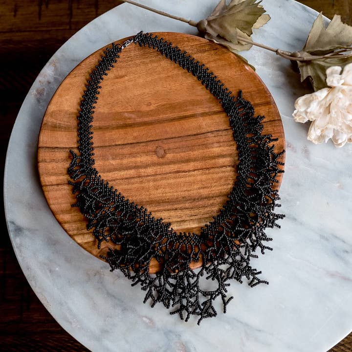 Black Beaded Statement Necklace for wholesale by Hemsin Atelier