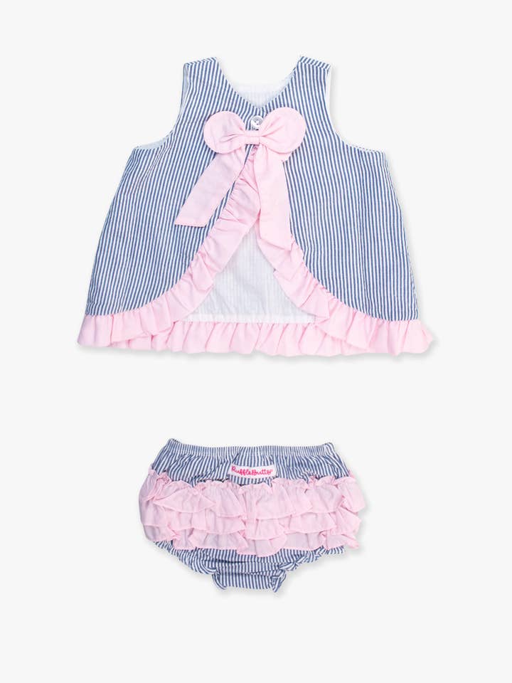 Baby Girls Classic Blue Seersucker Ruffle Swing Top and Bloomer Set
for wholesale on Faire