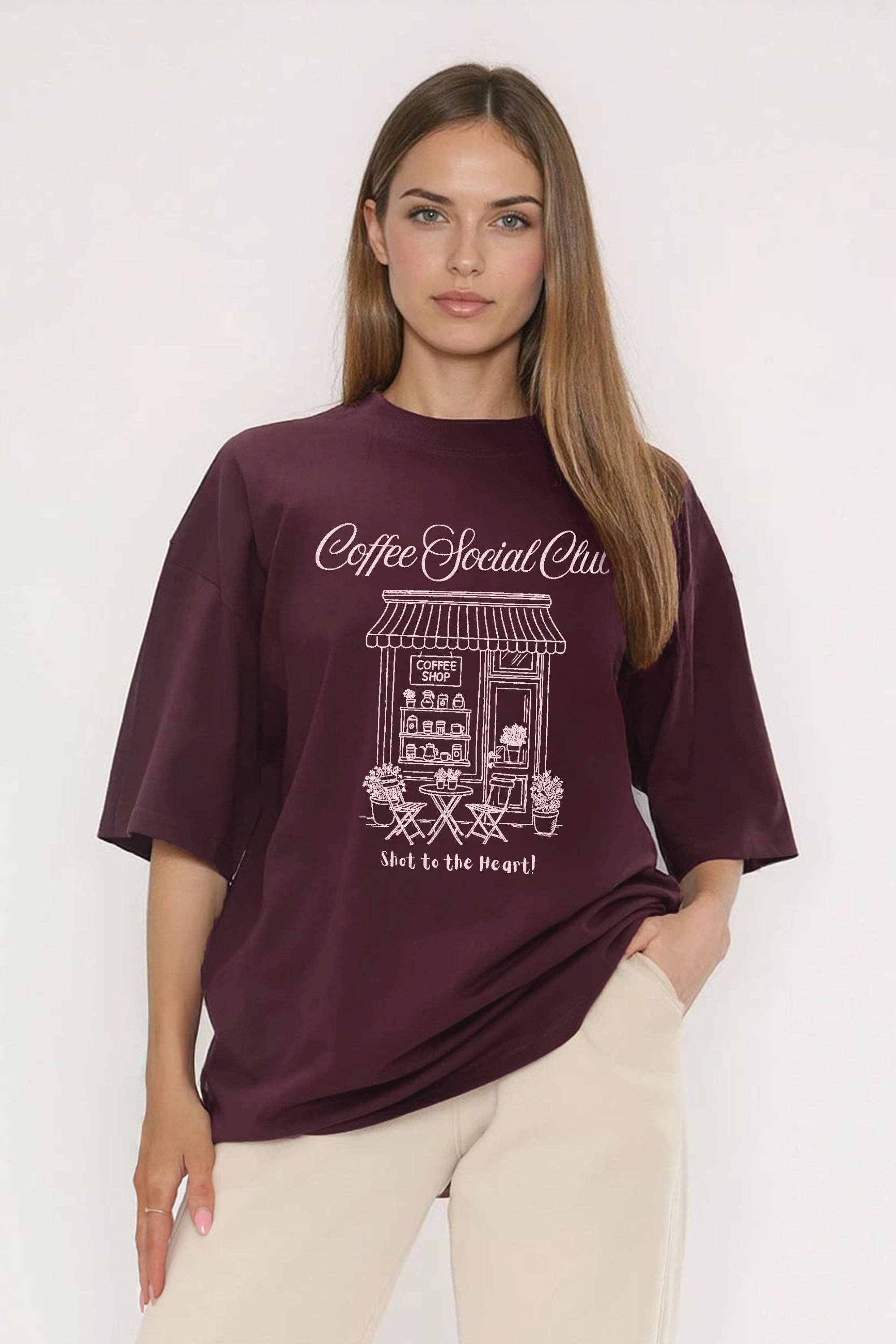 Dark Cherry 220GSM Oversized T-Shirt in Coffee Social Club Print for wholesale on Faire0