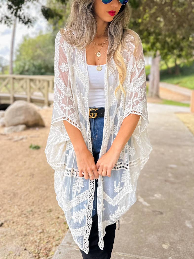 Ivory Floral Lace Sheer Dressy Kimono Cover Up for wholesale on Faire2