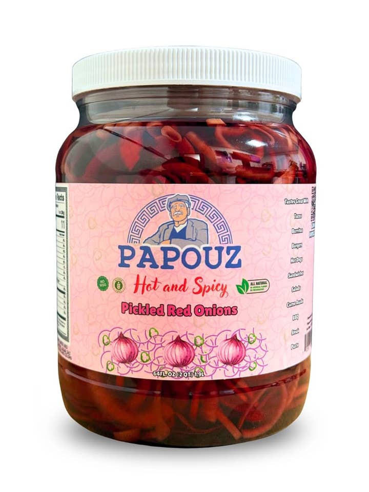 Papouz 64 Fl/Oz Hot and Spicy Pickled Red Onions w Jalapeño for wholesale by Papouz