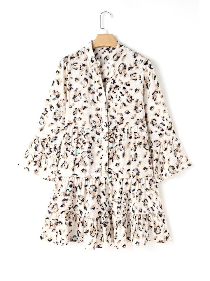 Khaki Leopardenkleid mit 3/4 Ärmeln und Rüschensaum für den Großhandel auf Faire