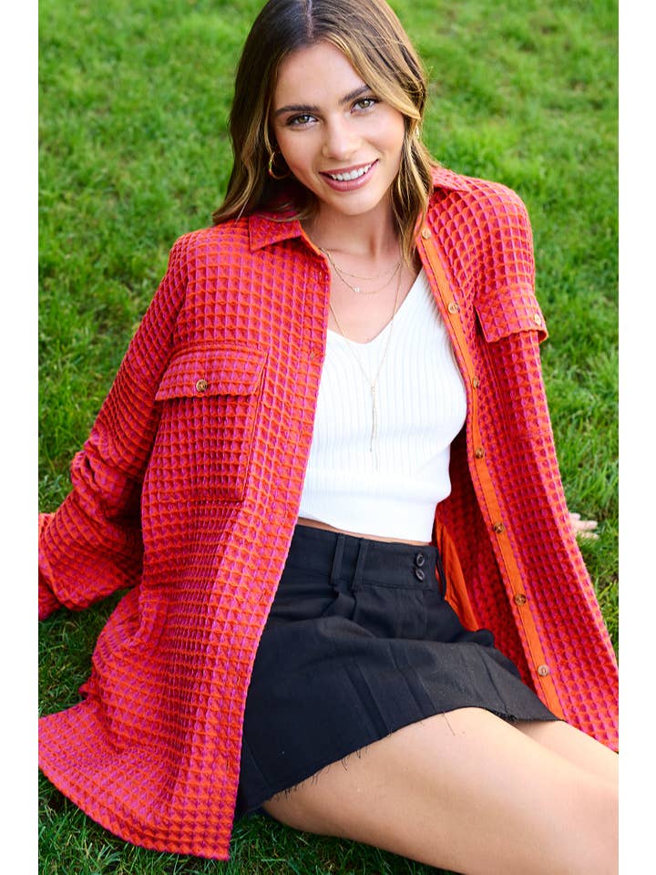 La Miel - Wholesale Shirt Jacket/Shacket - Women’s - JKT1793-Unique Waffle Textured Oversized Button Down Shacket11