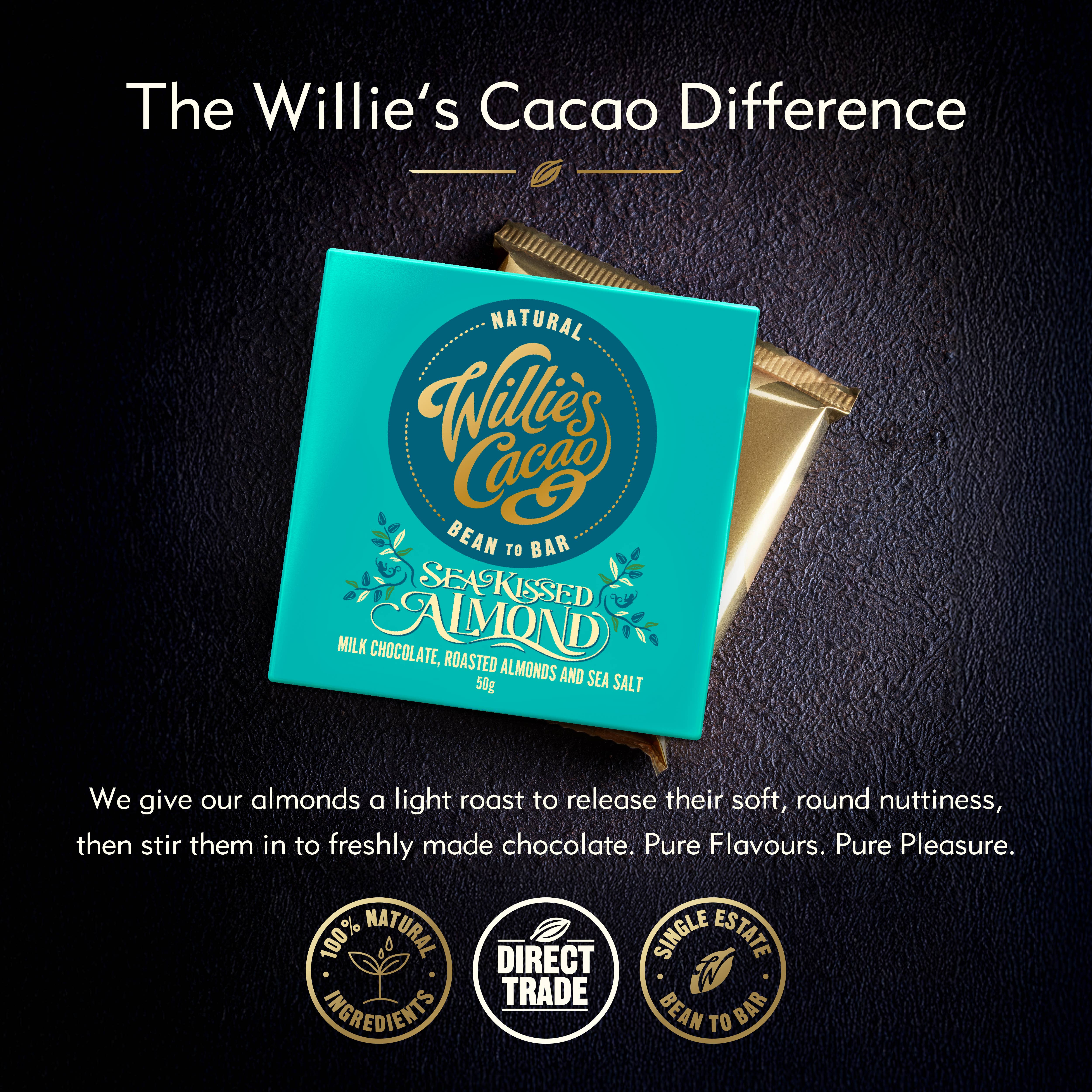 Willie's Cacao – wholesale Chocolate bar – Sea Kissed Almond. Milk chocolate w. almonds & sea salt 50g 1