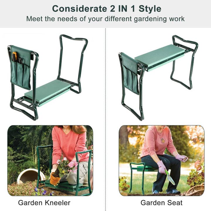 Green Foldable Garden Kneeler Seat with Kneeling Soft Cushion Pad Tools Pouch Portable Gardener for wholesale on Faire2