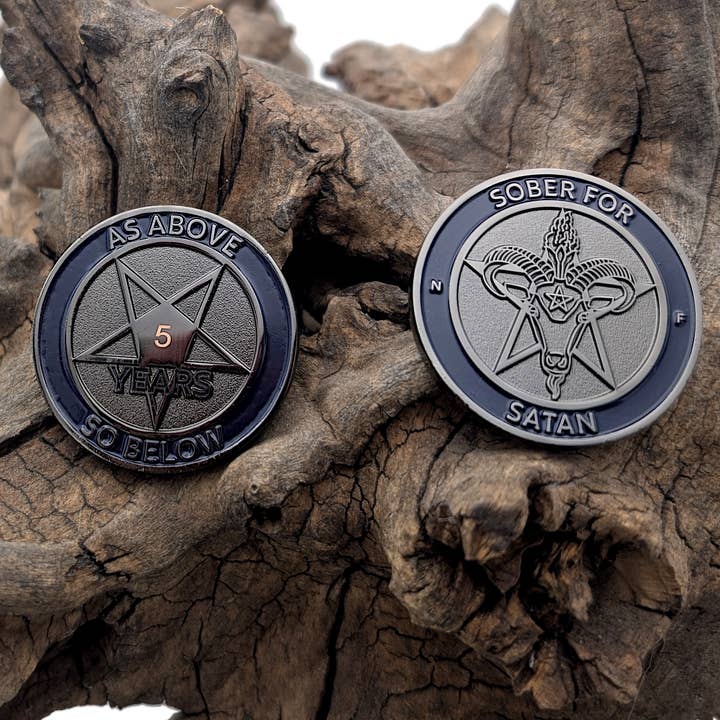 SOBER FOR SATAN SOBRIETY TOKEN - 5 YEARS for wholesale by Ninja Ferret Art