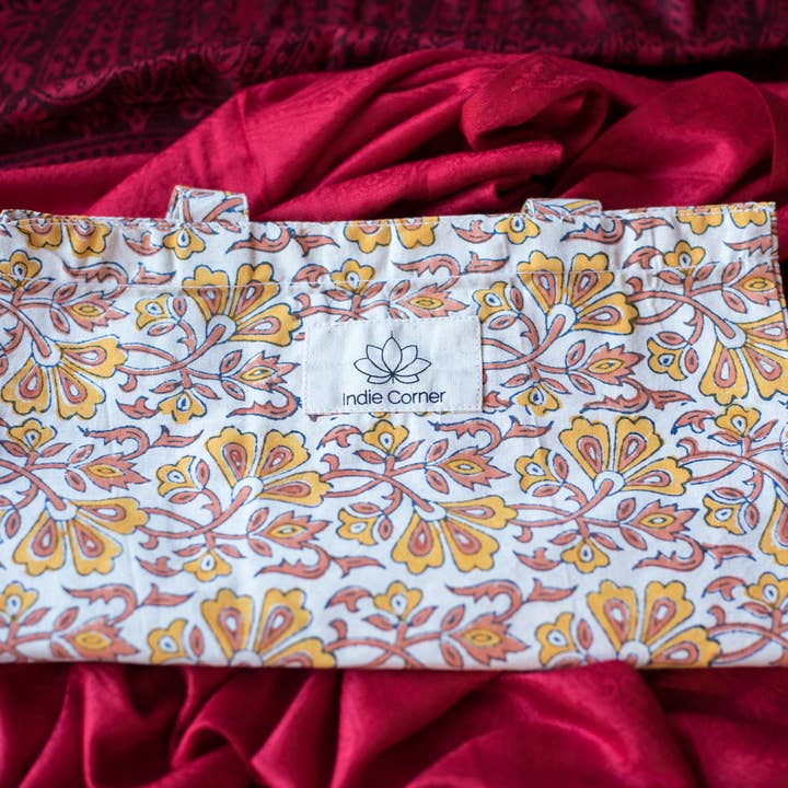 orange cotton tote bag with block print for wholesale by Indie Corner