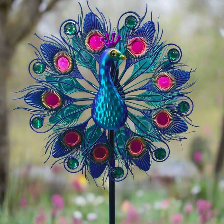 Marissa's Gifts – wholesale Wind spinner – Handmade Aurora peacock powder coated garden wind sculpture spinner measuring 150cm9