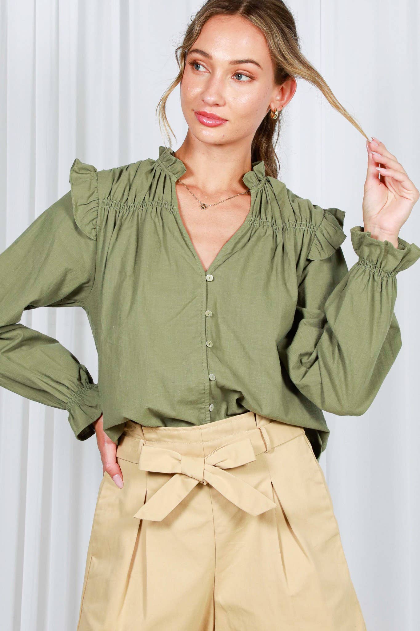 Vine & Love - Vente Chemisier – femme - Blouse à manches longues bouffantes avec col en V à volants 100 % coton VT8231532