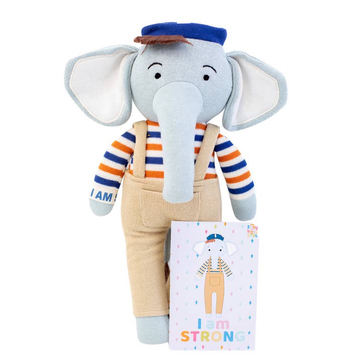 Strickpuppe FLAPPY the Elephant aus Baumwolle (mit Affirmationskarten) für den Großhandel von Bishy Bishy Bash