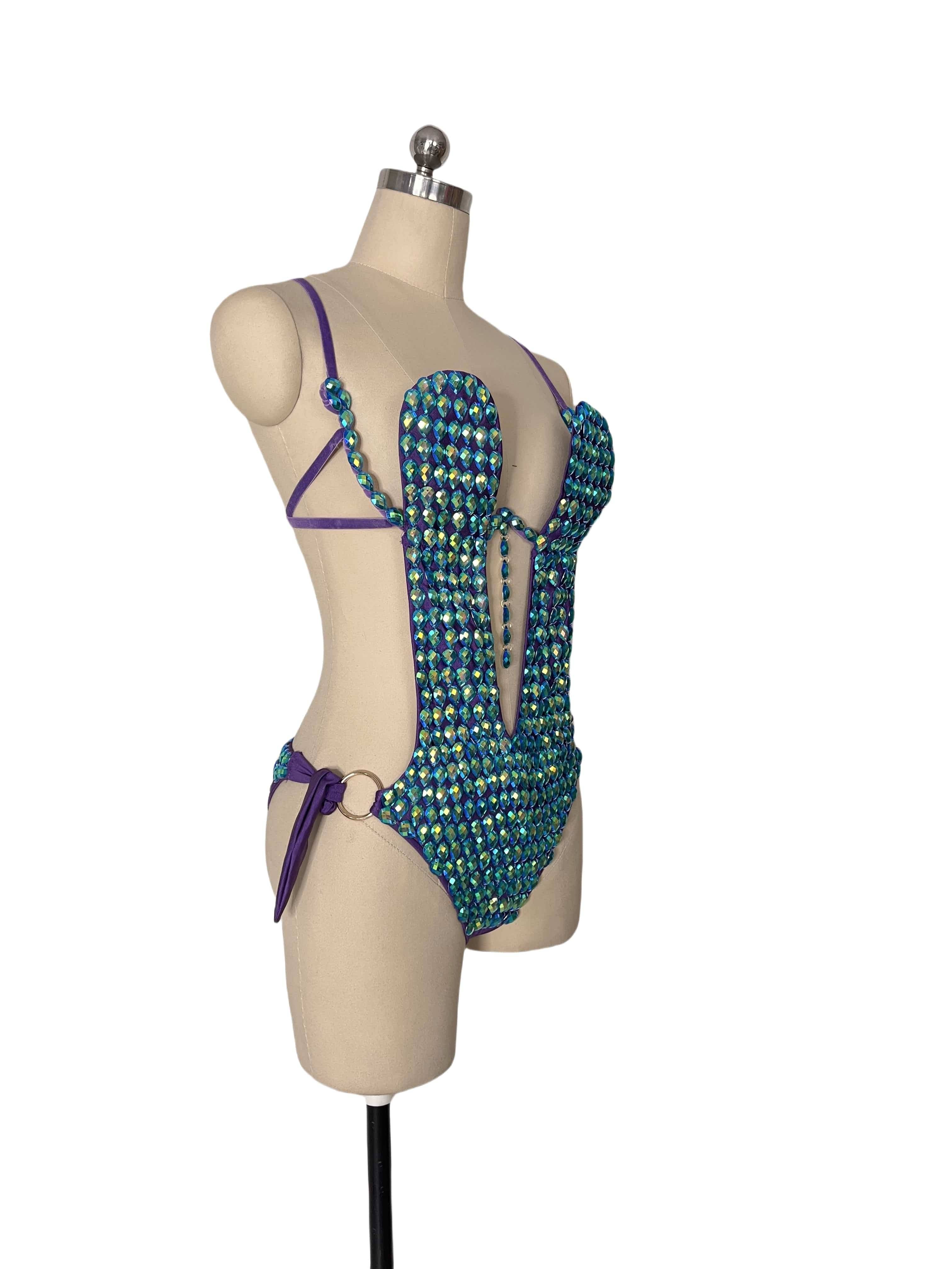 Peacock Royal Blue Green Crystal One Piece Bodysuit for wholesale on Faire3