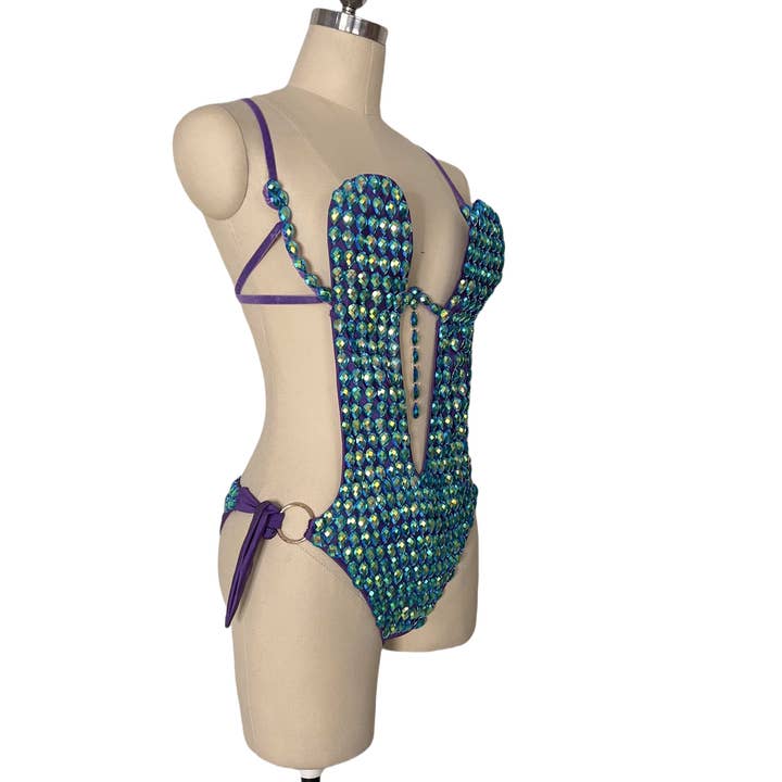 Peacock Royal Blue Green Crystal One Piece Bodysuit for wholesale on Faire3