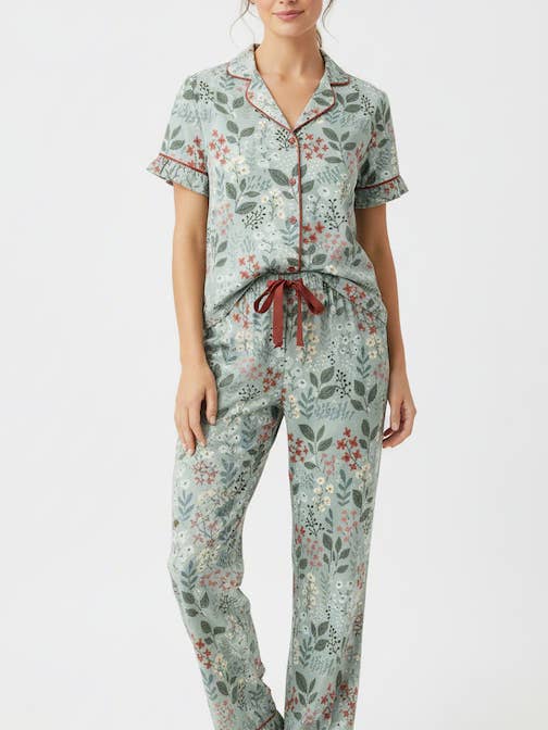 Meadow Bloom Frilly Notch Collar Pajama Set for wholesale by HAUTE AFFAIRES NYC INC