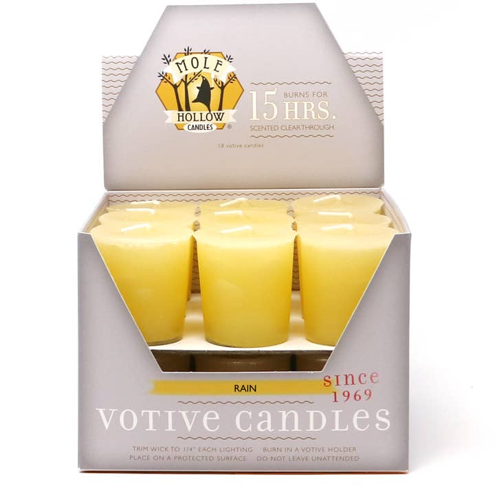 Bougies votives parfumées à la pluie, fabriquées aux États-Unis avec des mèches en coton pour la vente par Mole Hollow Candles